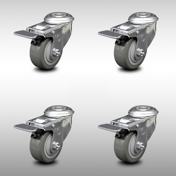 3.5 Inch SS Gray Polyurethane Swivel Bolt Hole Caster Set with Total Lock Brake